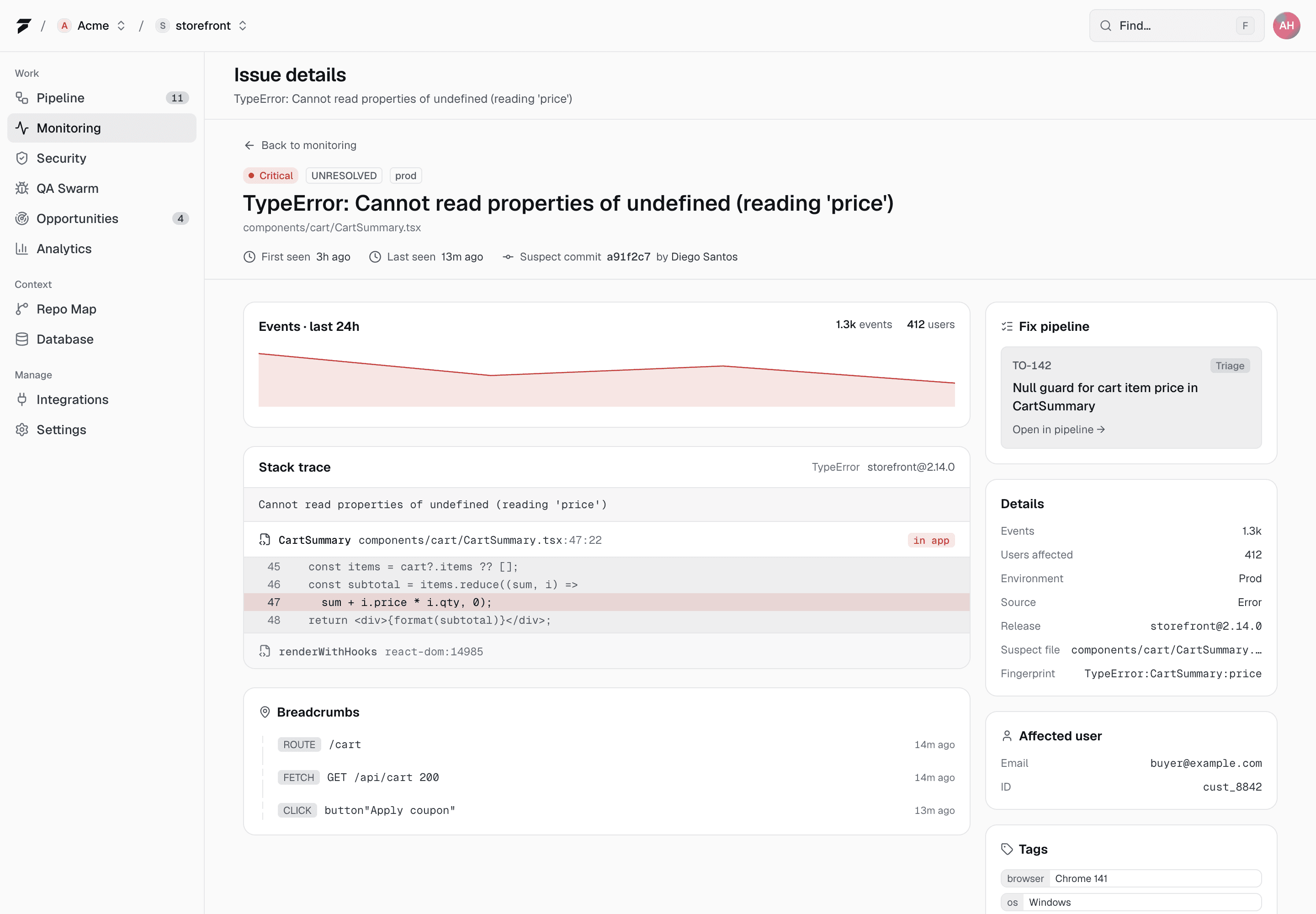 A To200 issue detail — the stack trace with the offending line, breadcrumbs, suspect commit, and the linked fix task in the pipeline.