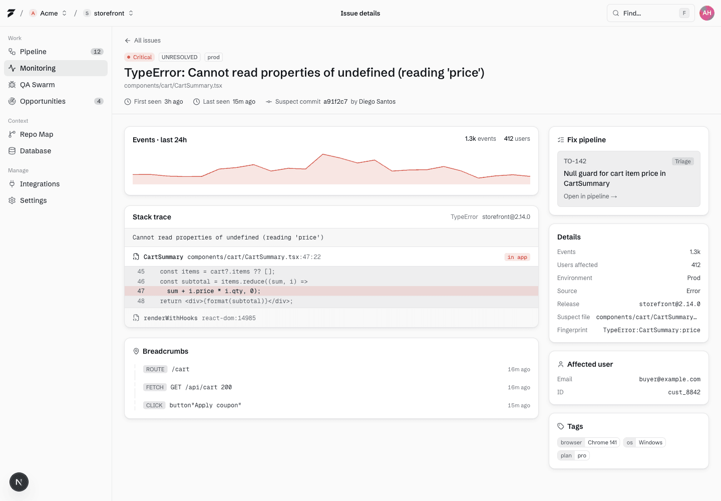 A To200 issue detail — the stack trace with the offending line, breadcrumbs, suspect commit, and the linked fix task in the pipeline.