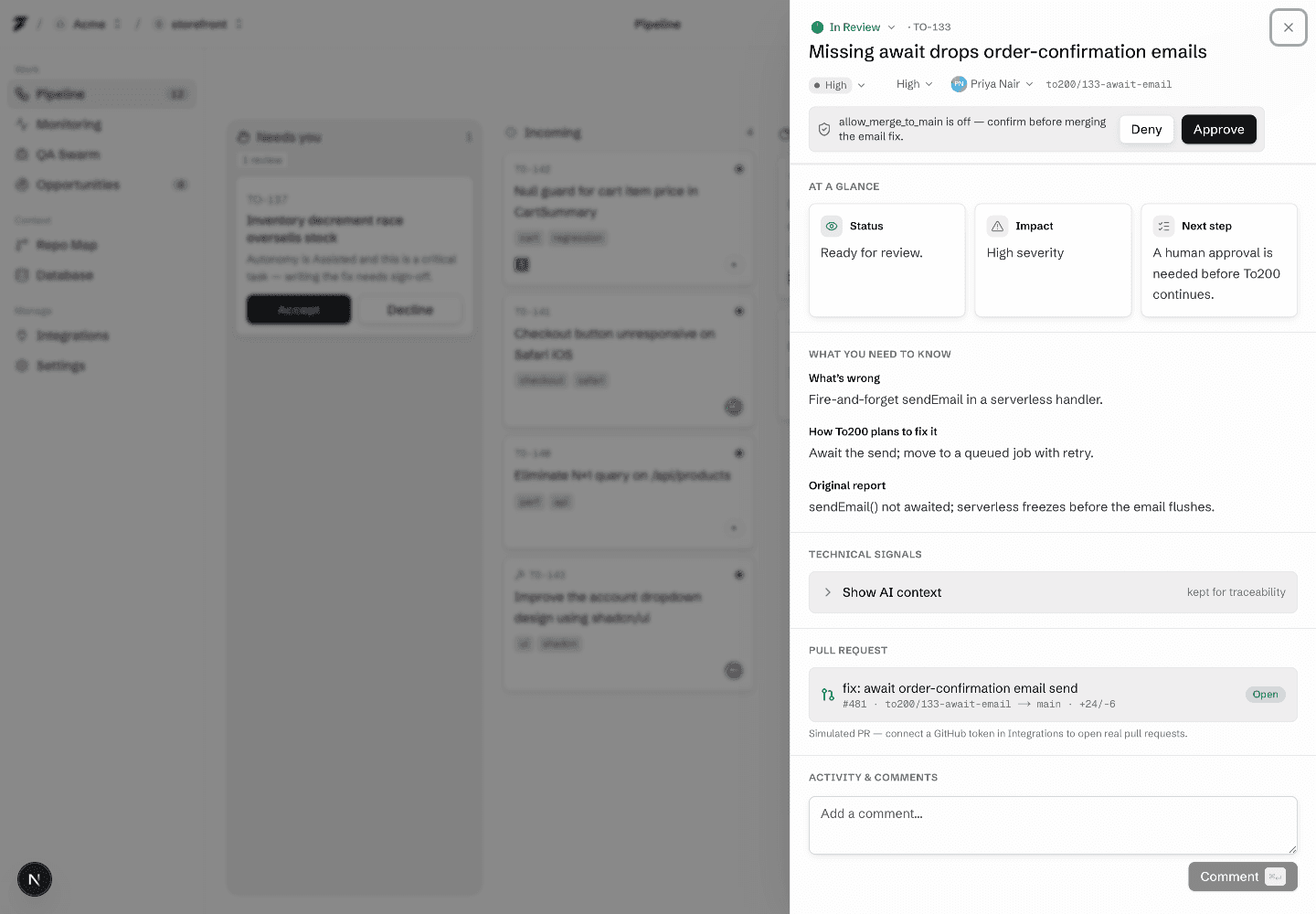 A To200 task drawer showing the branch, pull request state, and AI repair plan.