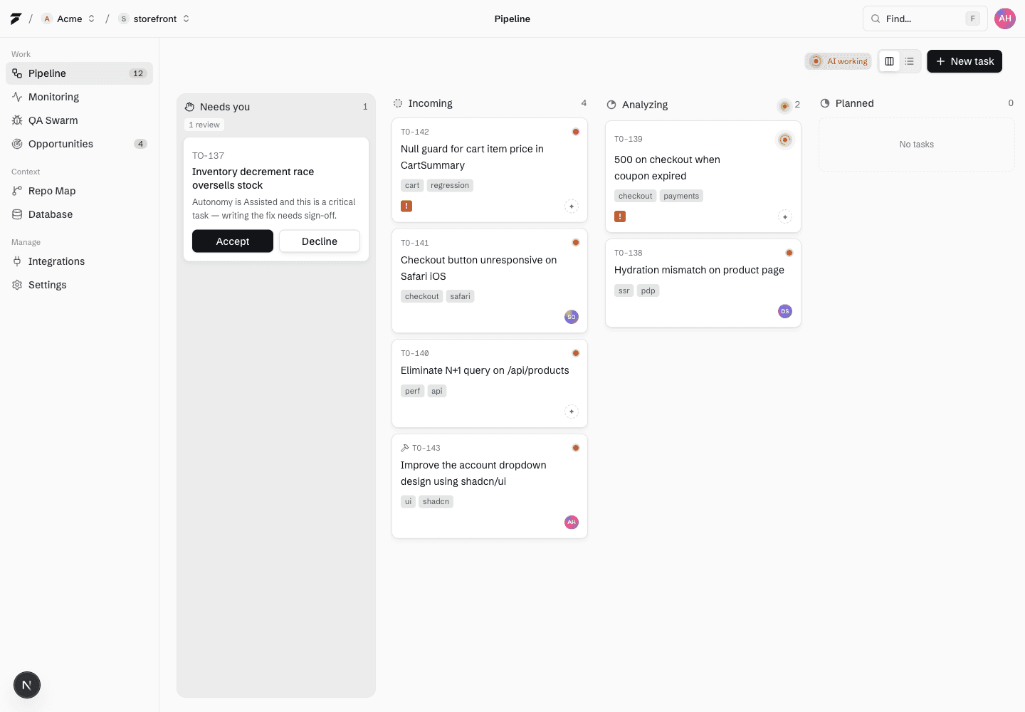 The To200 pipeline board — errors moving through Incoming, Analyzing, Planned, and Fixing toward a reviewed pull request.